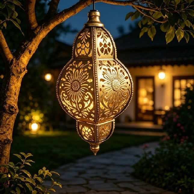 Lampe suspendue marocaine en métal sculpté avec projection d'ombre décorative et auvent