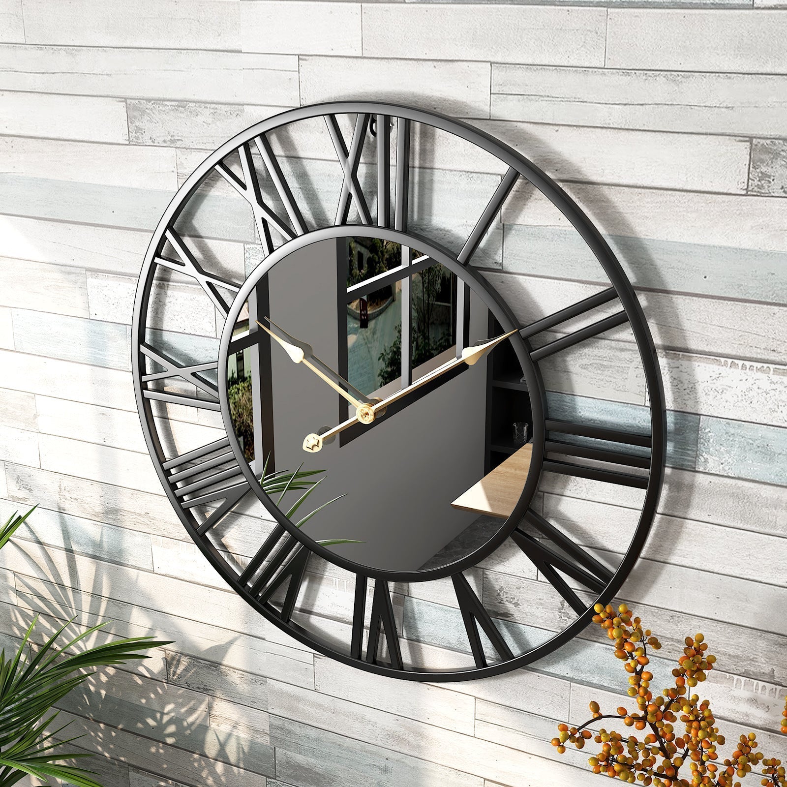 Grande horloge murale vintage en métal avec miroir 39 cm