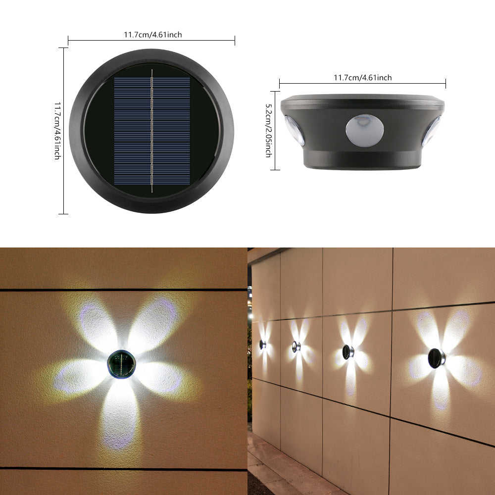 Applique murale solaire ronde avec applique murale extérieure décorative LED à quatre faisceaux et boîtier résistant aux intempéries