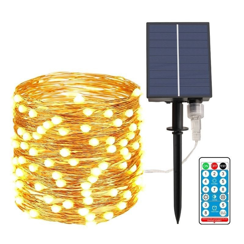 Guirlande lumineuse solaire en fil de cuivre avec panneaux à double piquet