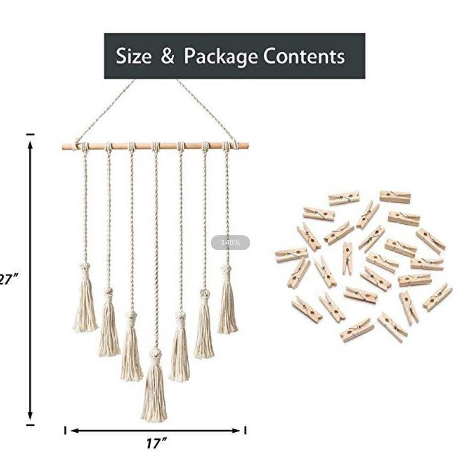 Décoration murale en corde avec pompons et clips en bois, 41 × 66 cm, couleurs Beige ou Noir