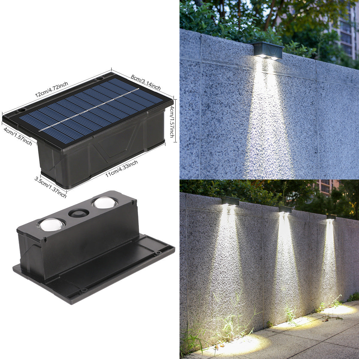 Applique murale extérieure solaire RVB à double faisceau avec panneau solaire intégré et base de montage résistante aux intempéries
