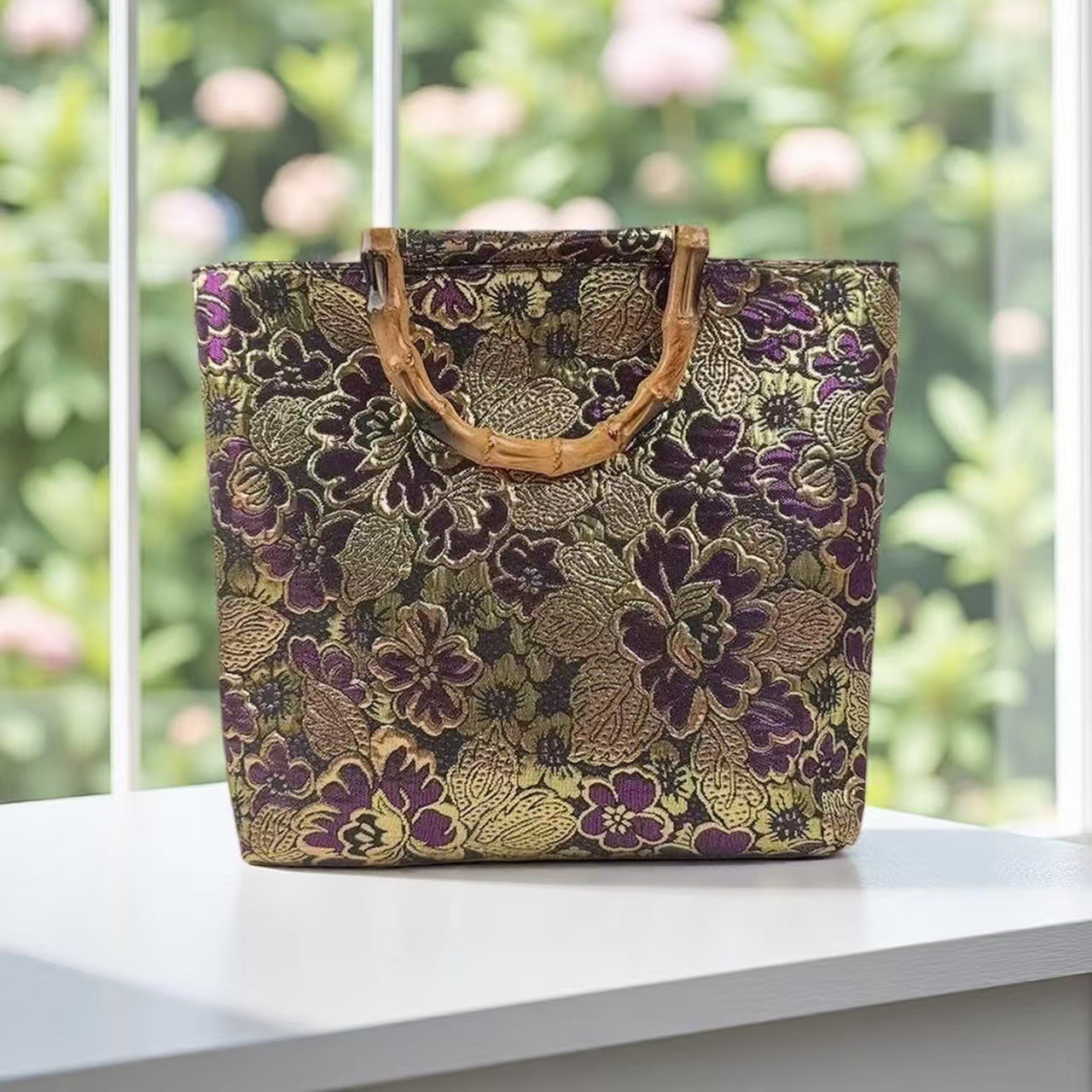 Sac à main élégant à motif floral avec poignées en bambou