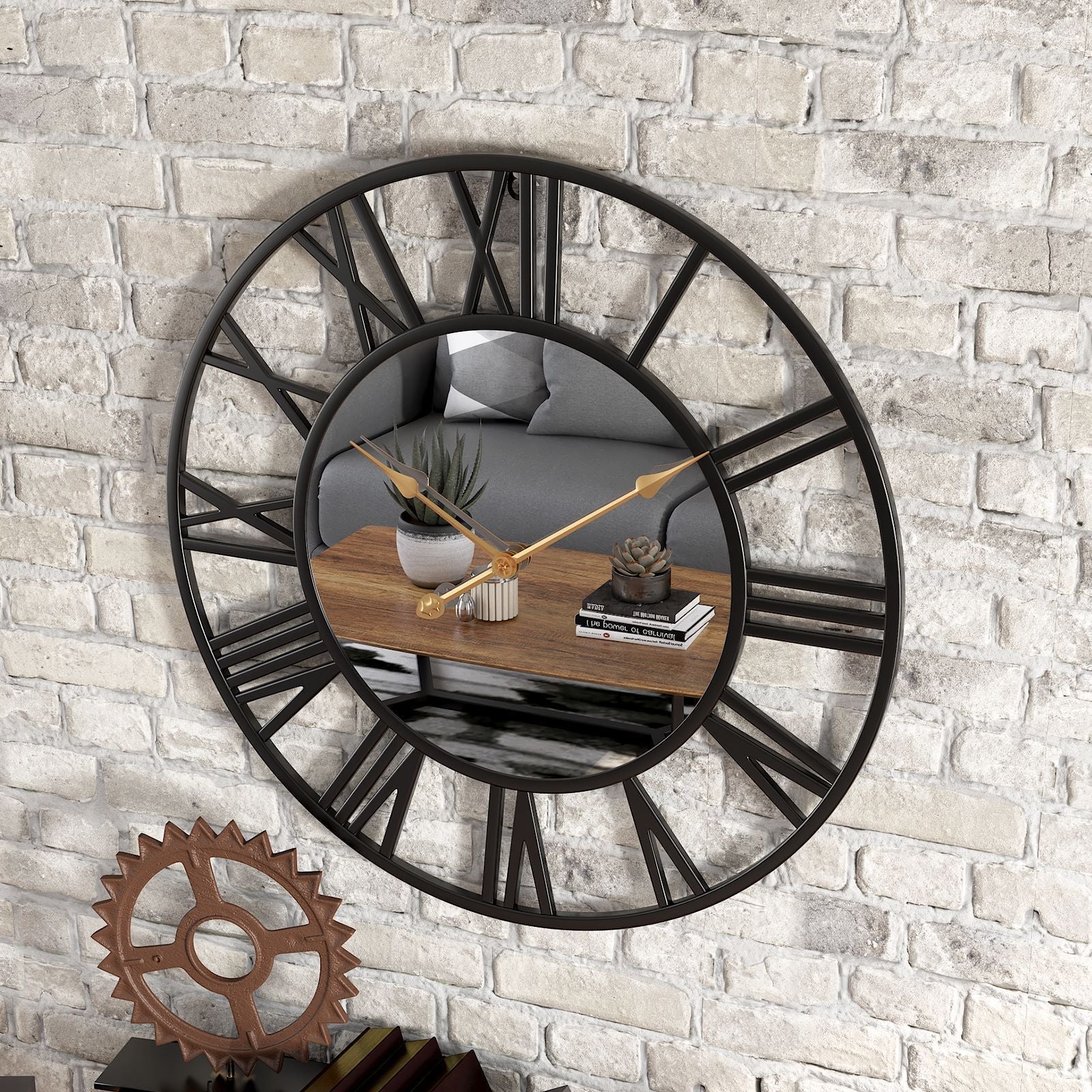 Grande horloge murale vintage en métal avec miroir 39 cm