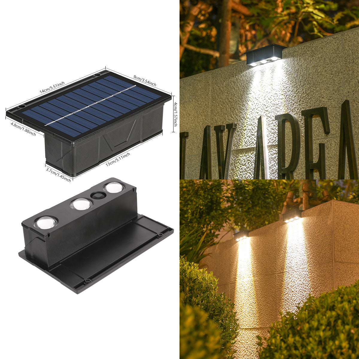 Applique murale extérieure solaire RVB à double faisceau avec panneau solaire intégré et base de montage résistante aux intempéries