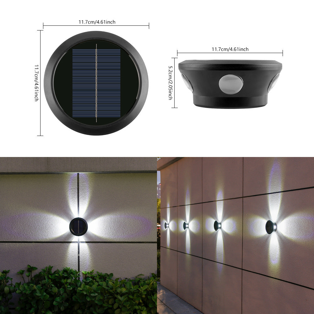 Applique murale solaire ronde avec applique murale extérieure décorative LED à quatre faisceaux et boîtier résistant aux intempéries