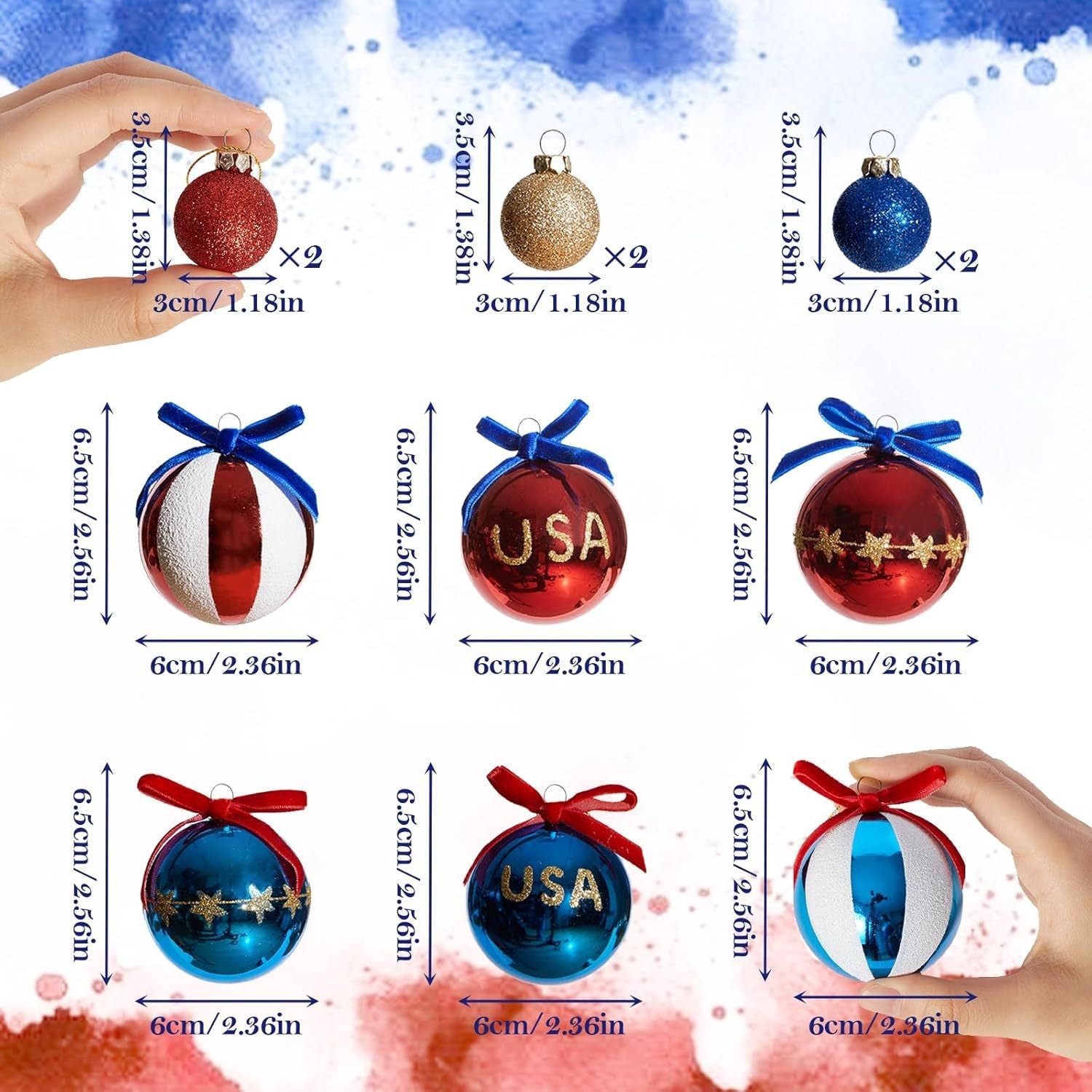 Set de boules de Noël patriotique unisexe, surfaces pailletées et miroir, suspensions à nœud, incassables en plastique