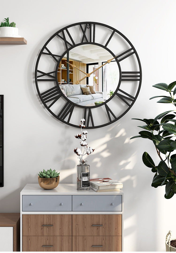 Grande horloge murale vintage en métal avec miroir 39 cm
