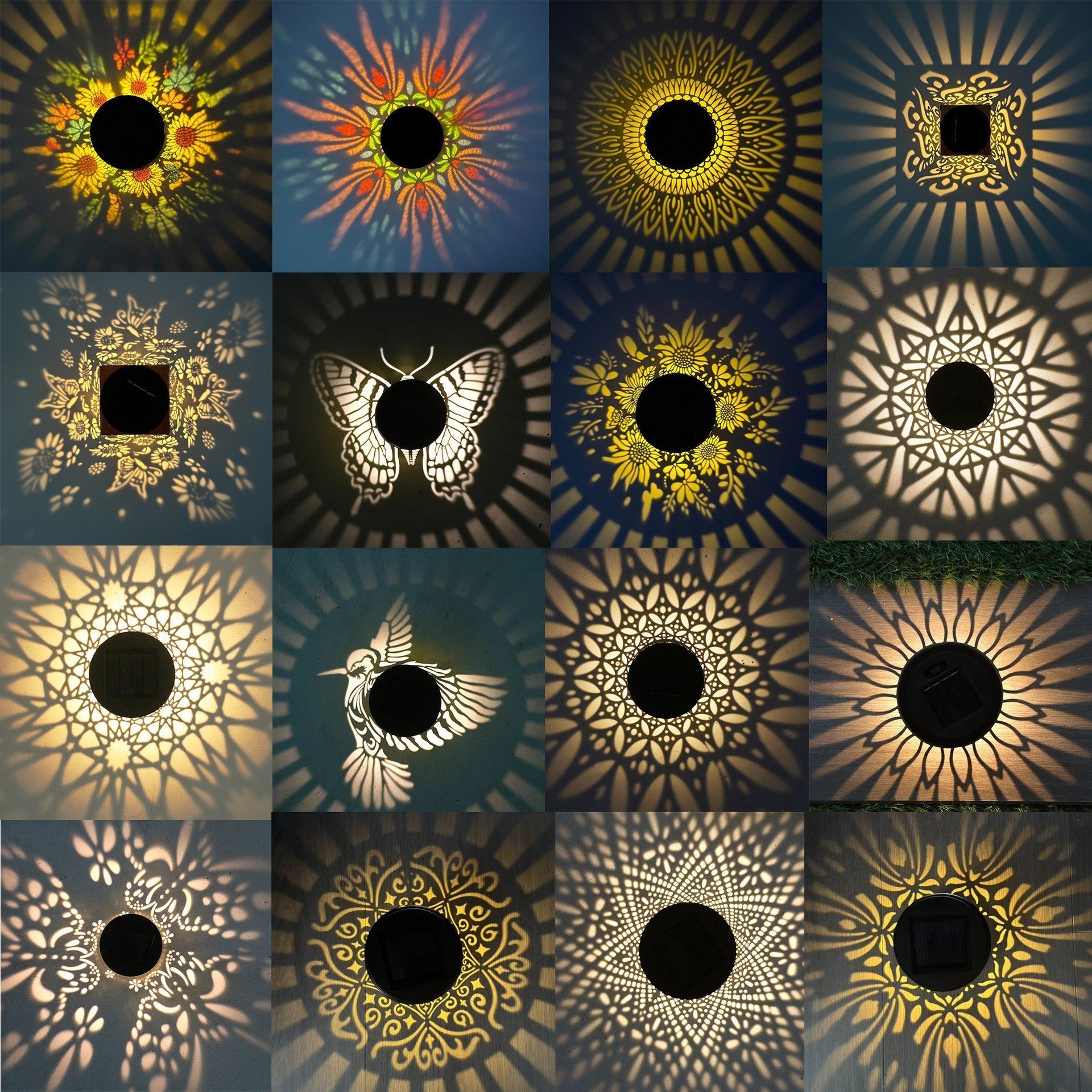 Applique murale extérieure à projection de soleil Mandala avec boîtier en métal à motifs et capteur automatique du crépuscule à l'aube