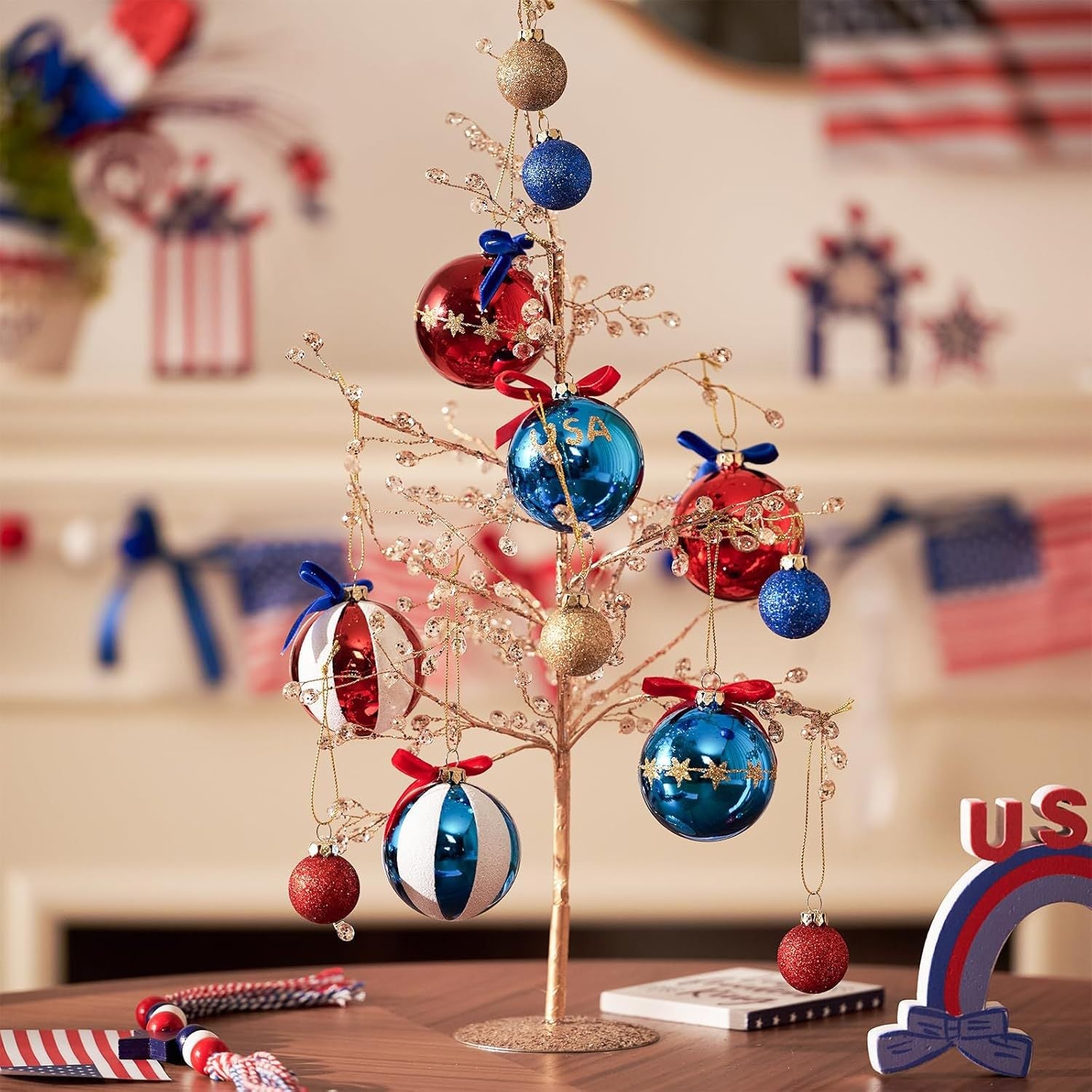 Set de boules de Noël patriotique unisexe, surfaces pailletées et miroir, suspensions à nœud, incassables en plastique