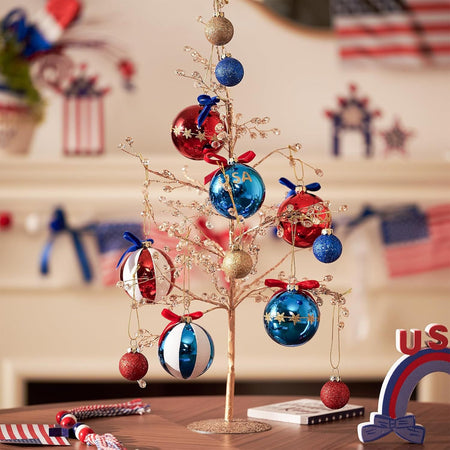 Set de boules de Noël patriotique unisexe, surfaces pailletées et miroir, suspensions à nœud, incassables en plastique