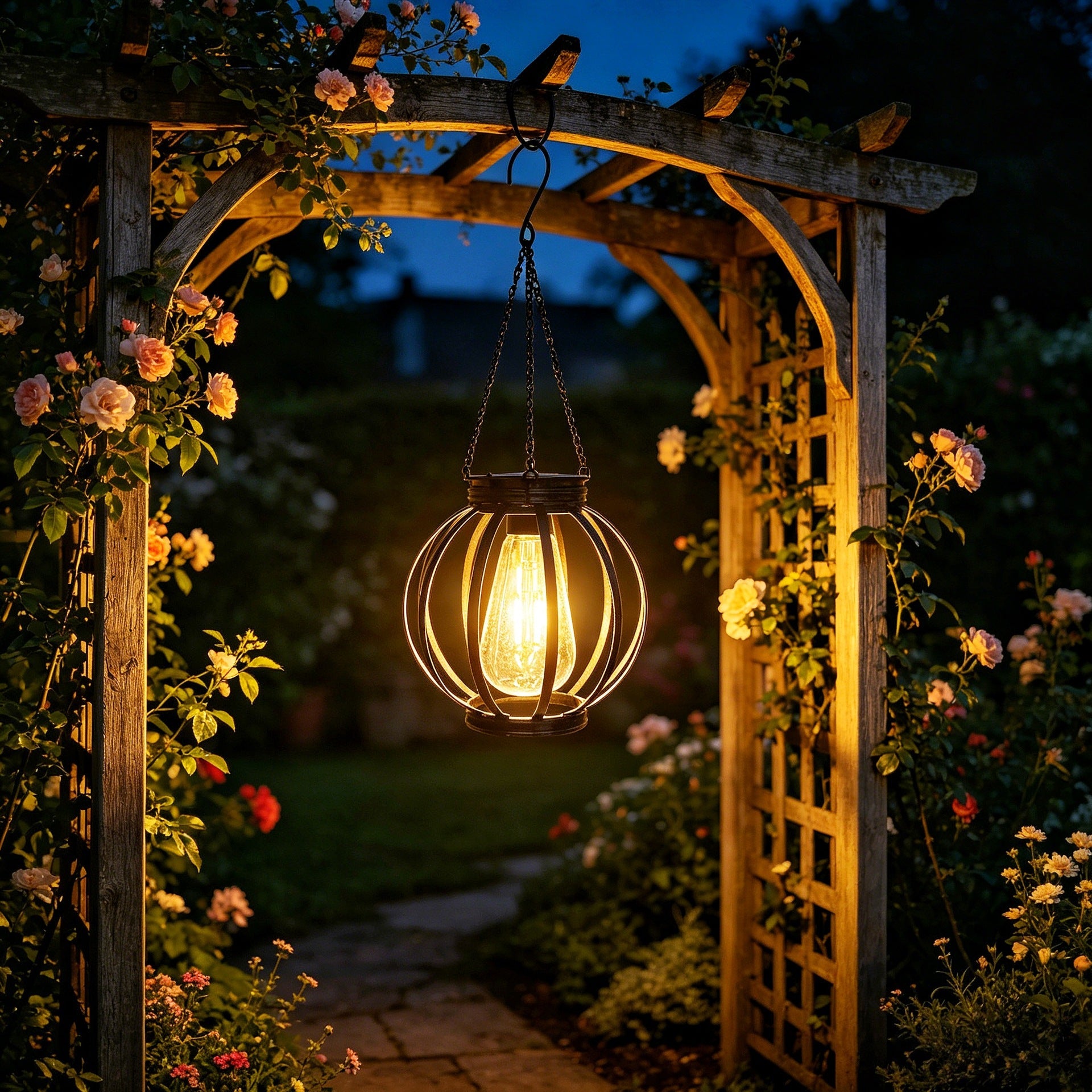 Lampe suspendue d'extérieur en forme de cage en métal avec chaîne réglable et LED à filament vintage
