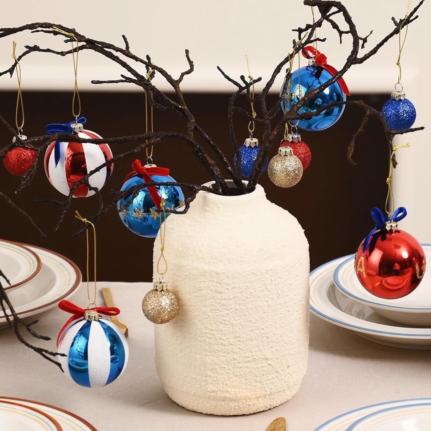 Set de boules de Noël patriotique unisexe, surfaces pailletées et miroir, suspensions à nœud, incassables en plastique