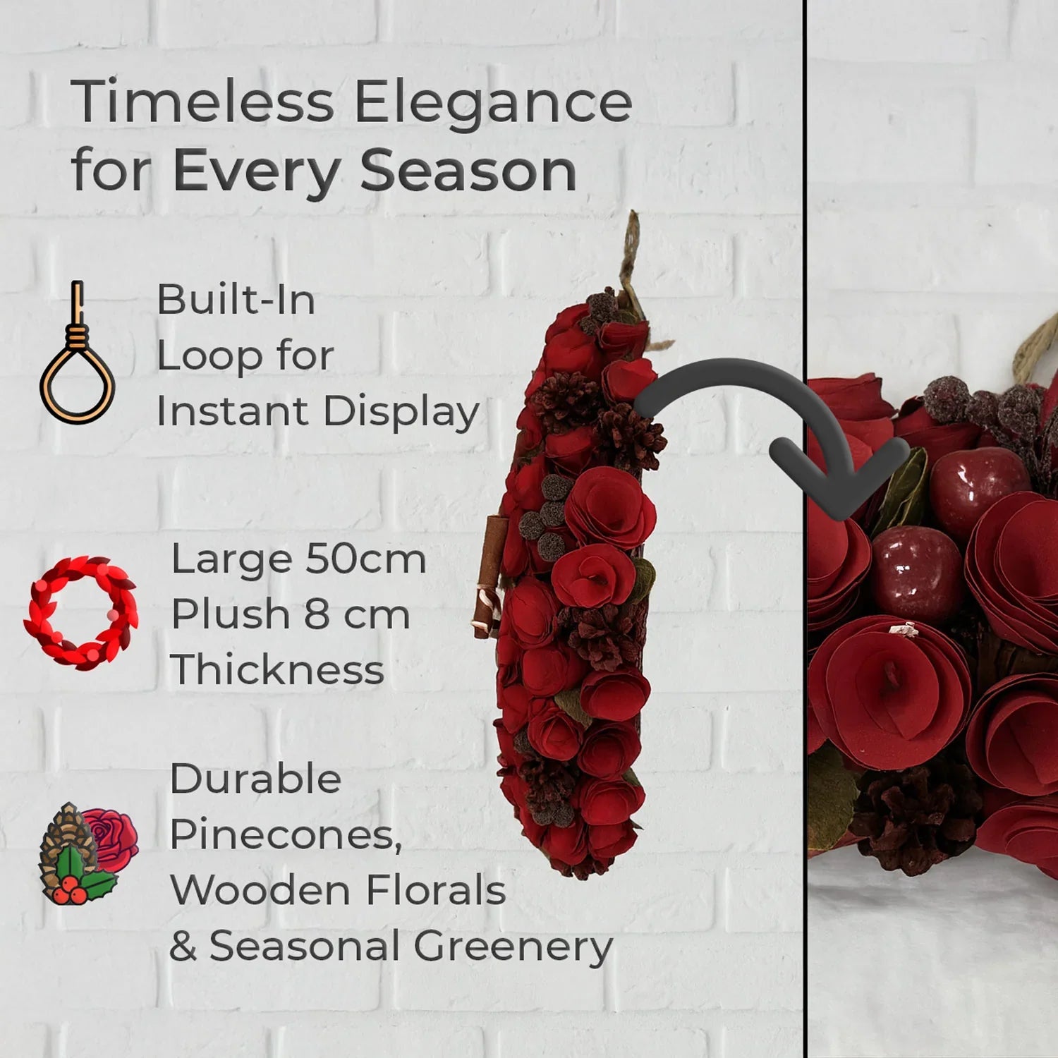 Couronne de Luxe Neo 50 cm – Extra Large avec Roses Rouges
