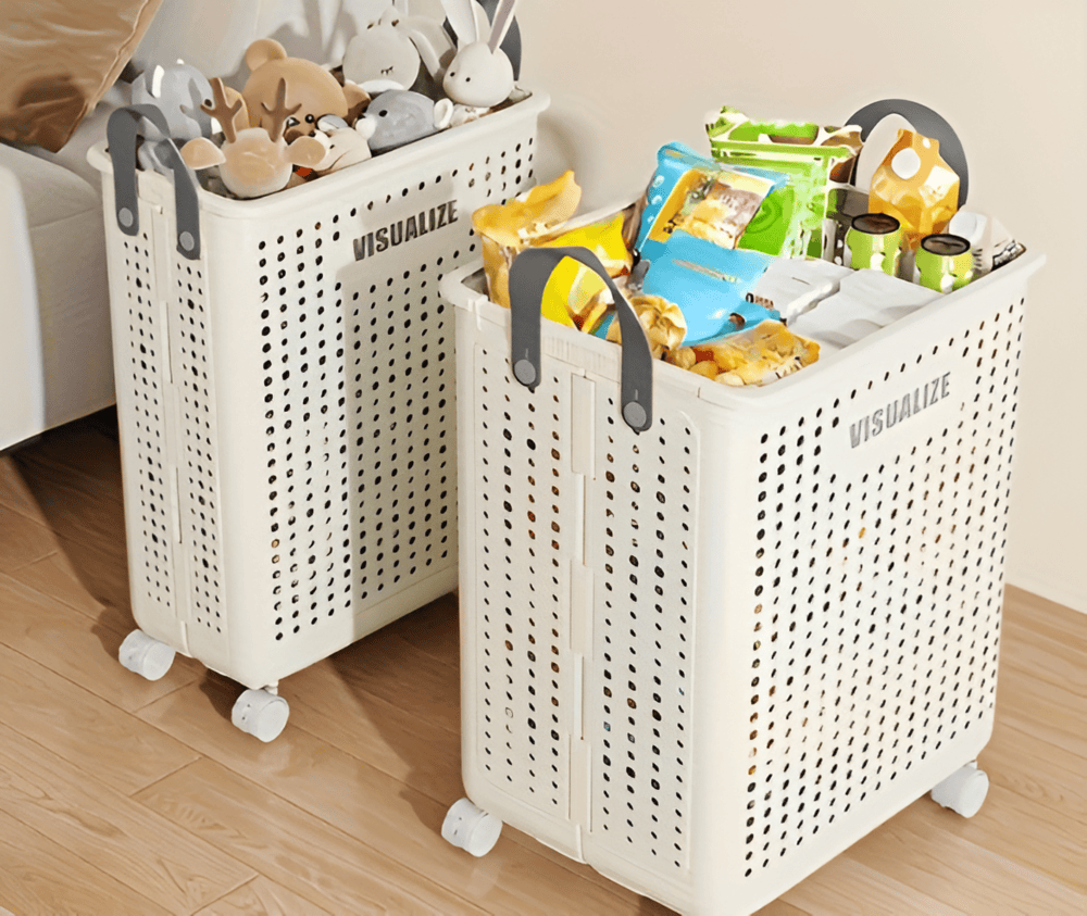Panier à linge pliable avec roulettes, compact et durable en polypropylène, facile à transporter, disponible en deux tailles