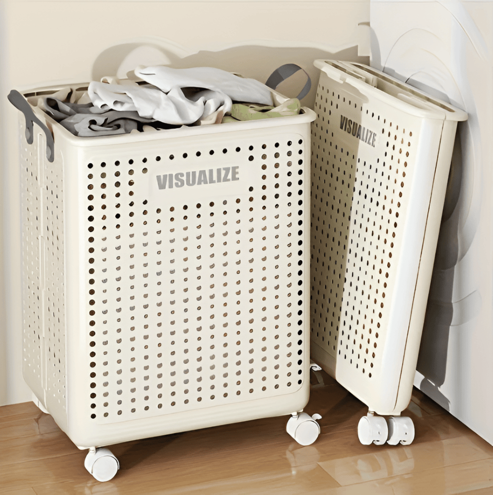 Panier à linge pliable avec roulettes, compact et durable en polypropylène, facile à transporter, disponible en deux tailles