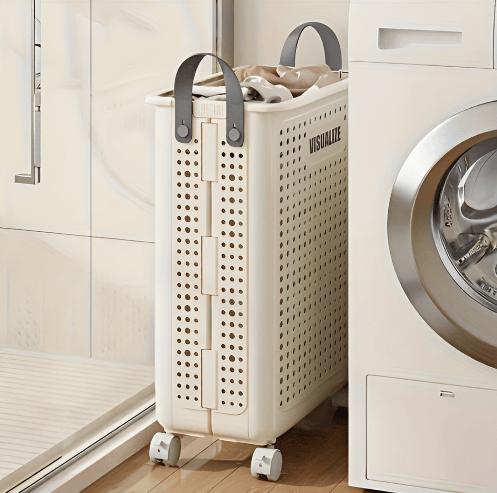 Panier à linge pliable avec roulettes, compact et durable en polypropylène, facile à transporter, disponible en deux tailles