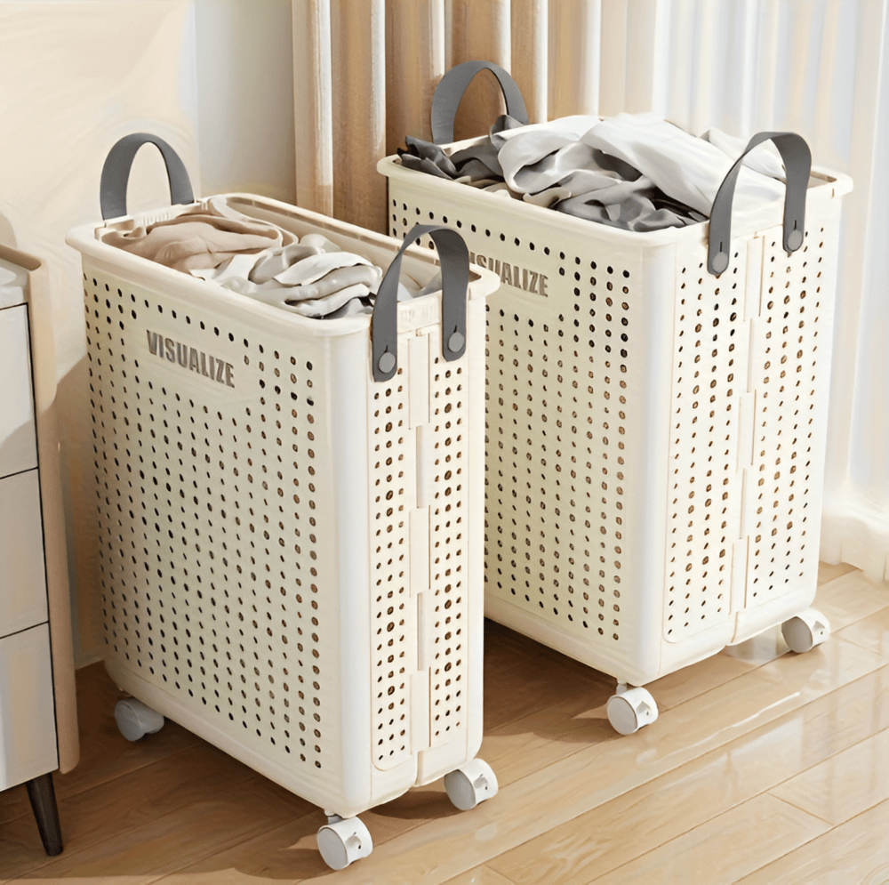 Panier à linge pliable avec roulettes, compact et durable en polypropylène, facile à transporter, disponible en deux tailles
