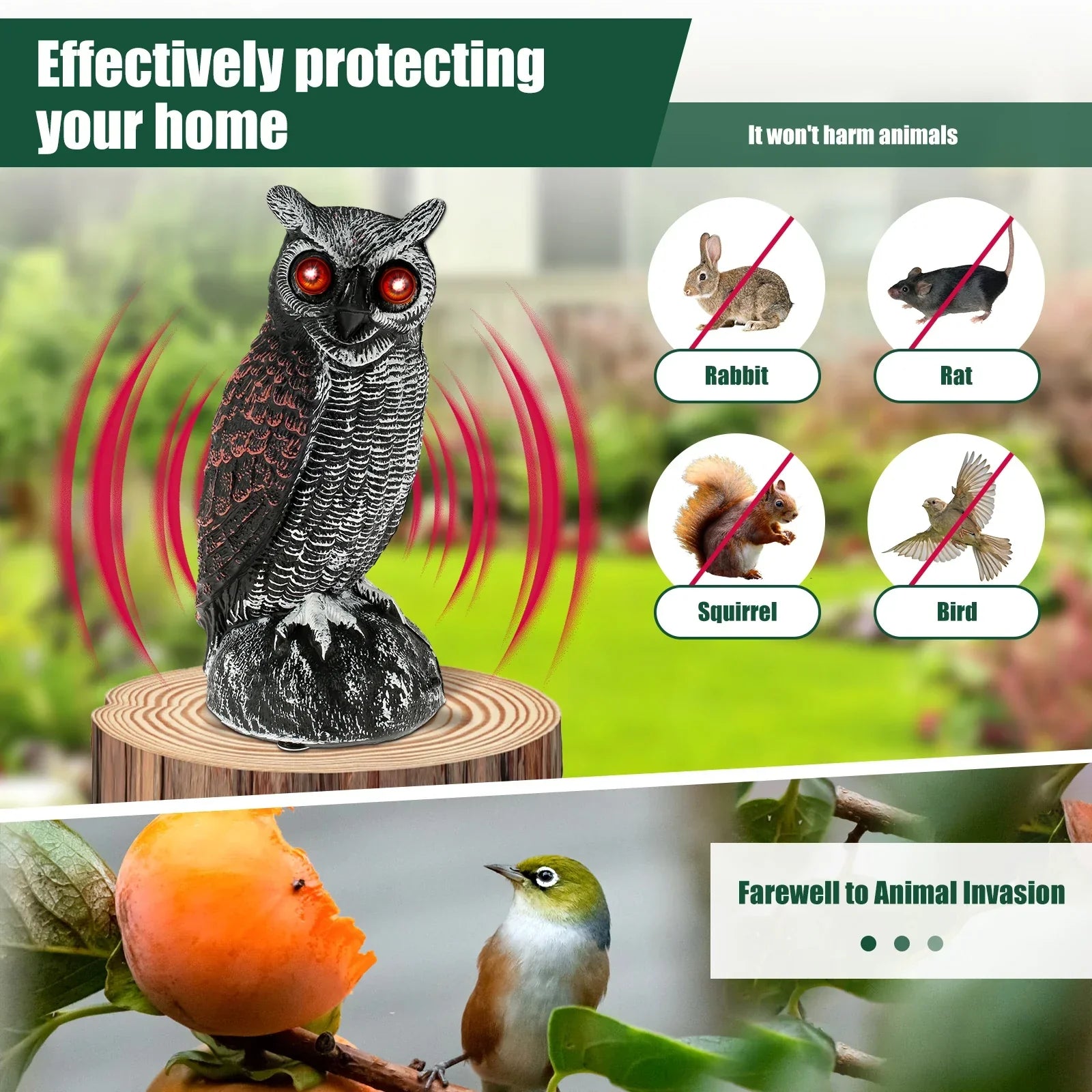 Dissuadeur de pigeons alimenté à l'énergie solaire | Œil anti-oiseaux étanche avec dispositif de dissuasion sonore et lumineux - Contrôle des oiseaux en extérieur
