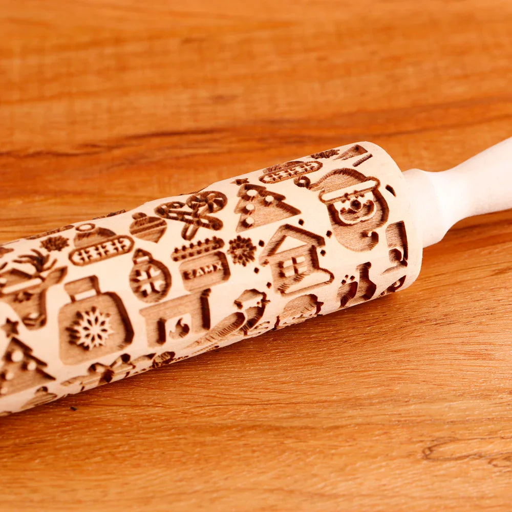 Rouleau à pâtisserie en bois avec motifs gravés de Noël - Outil de décoration pour biscuits