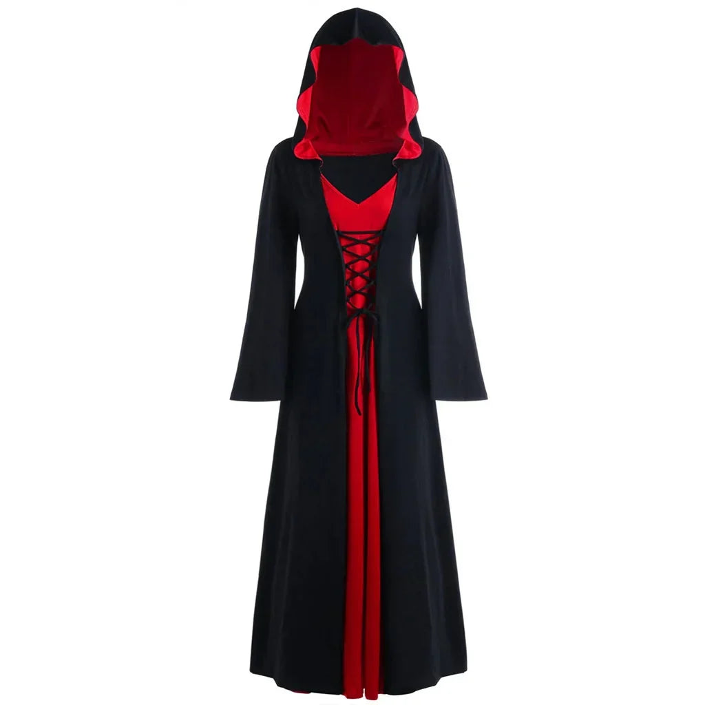 Robe cape de sorcière médiévale à capuche à lacets pour femme - Costume d'Halloween parfait pour les événements à thème