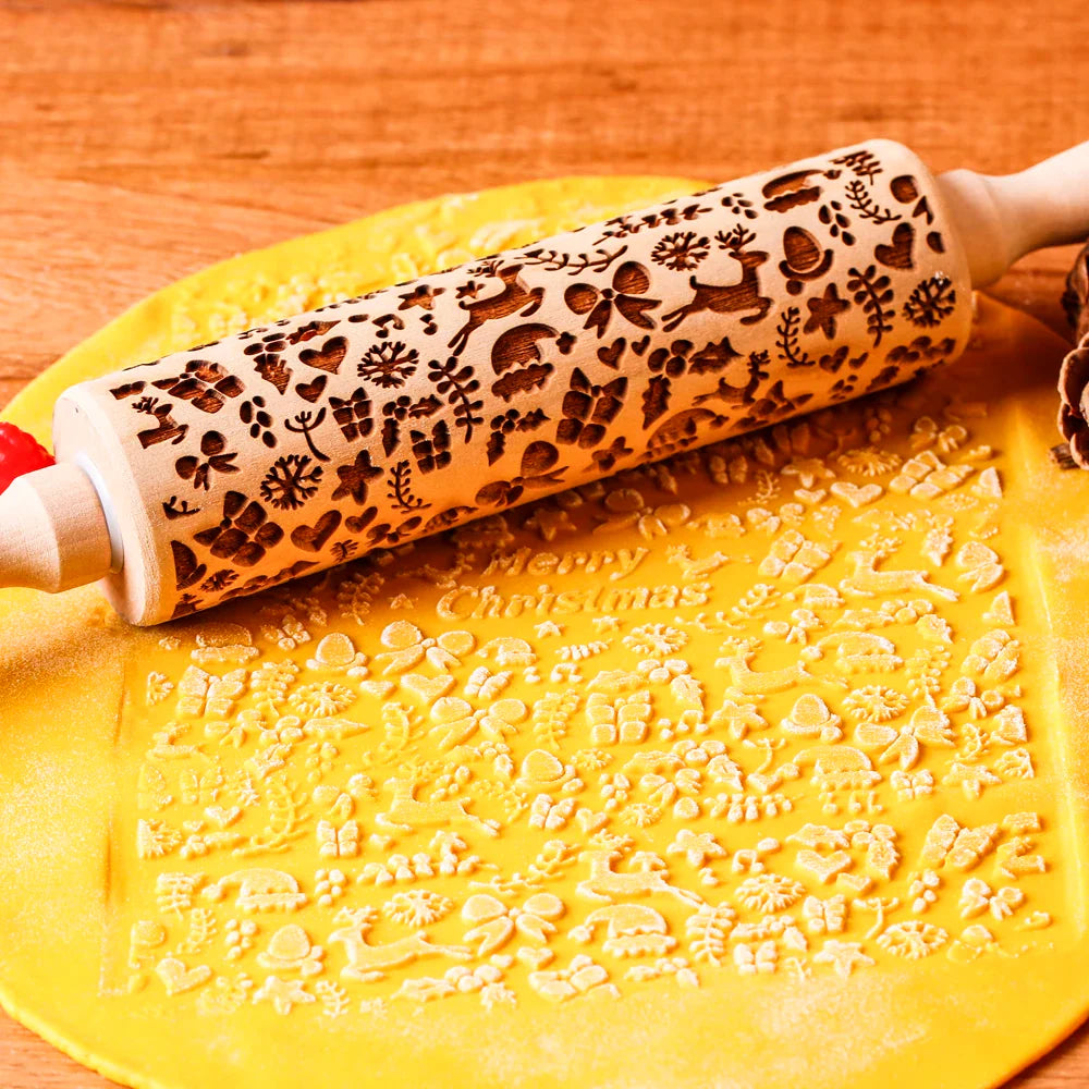 Rouleau à pâtisserie en bois avec motifs gravés de Noël - Outil de décoration pour biscuits