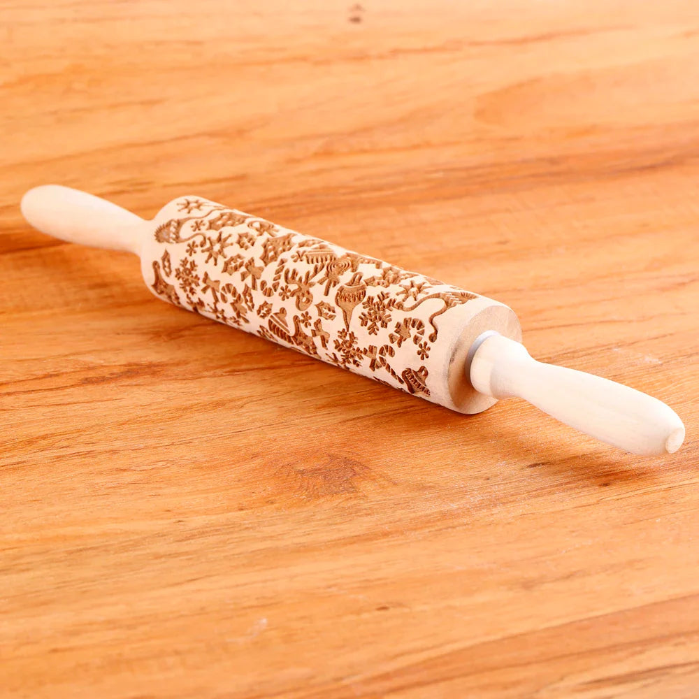 Rouleau à pâtisserie en bois avec motifs gravés de Noël - Outil de décoration pour biscuits