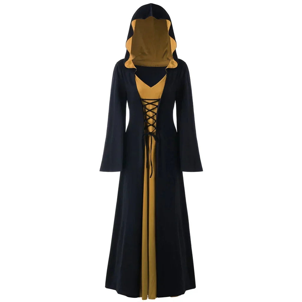 Robe cape de sorcière médiévale à capuche à lacets pour femme - Costume d'Halloween parfait pour les événements à thème