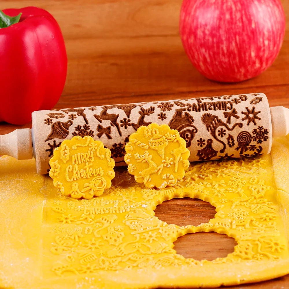 Rouleau à pâtisserie en bois avec motifs gravés de Noël - Outil de décoration pour biscuits