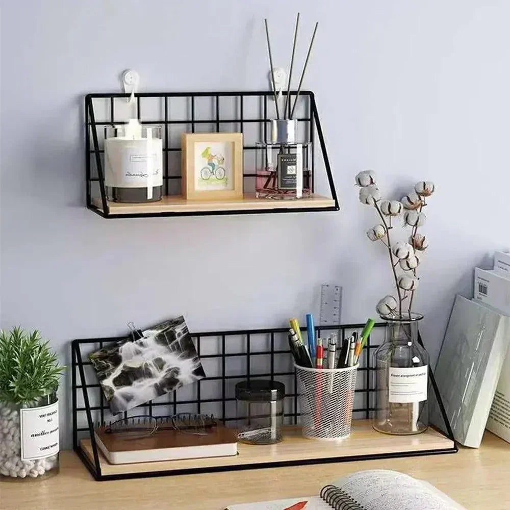 Étagère murale moderne | Présentoir en bois avec grille en métal noir