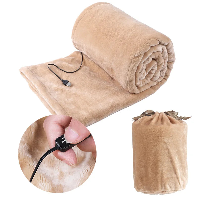 Couverture chauffante épaisse USB 5V pour lit et voyages, flanelle ultra douce, 3 niveaux de chaleur, portable