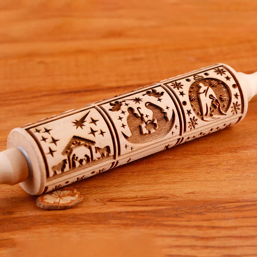 Rouleau à pâtisserie en bois avec motifs gravés de Noël - Outil de décoration pour biscuits