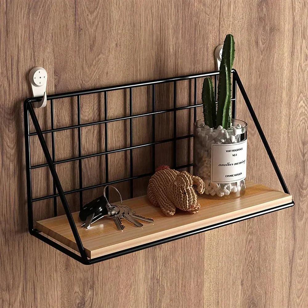 Étagère murale moderne | Présentoir en bois avec grille en métal noir