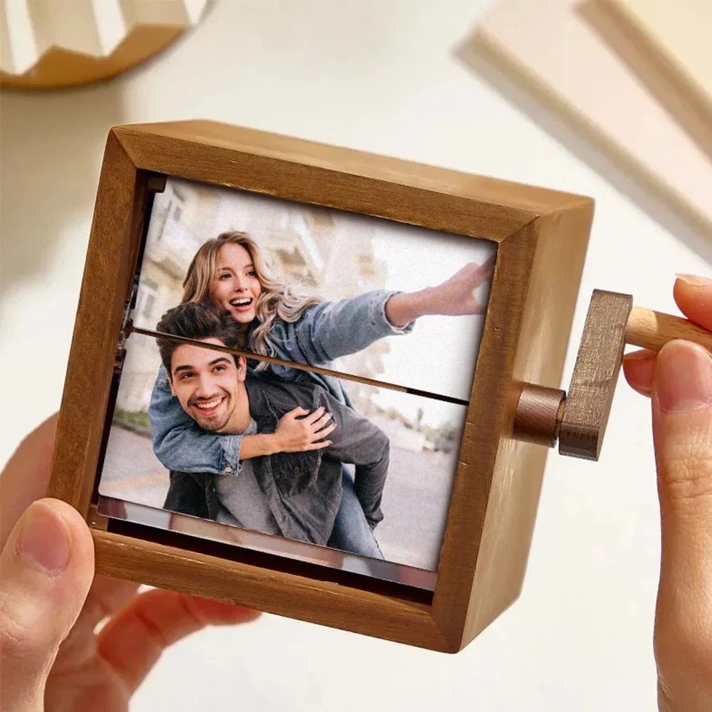 Cadre photo flipbook en bois | Boîte d'affichage de mémoire à manivelle