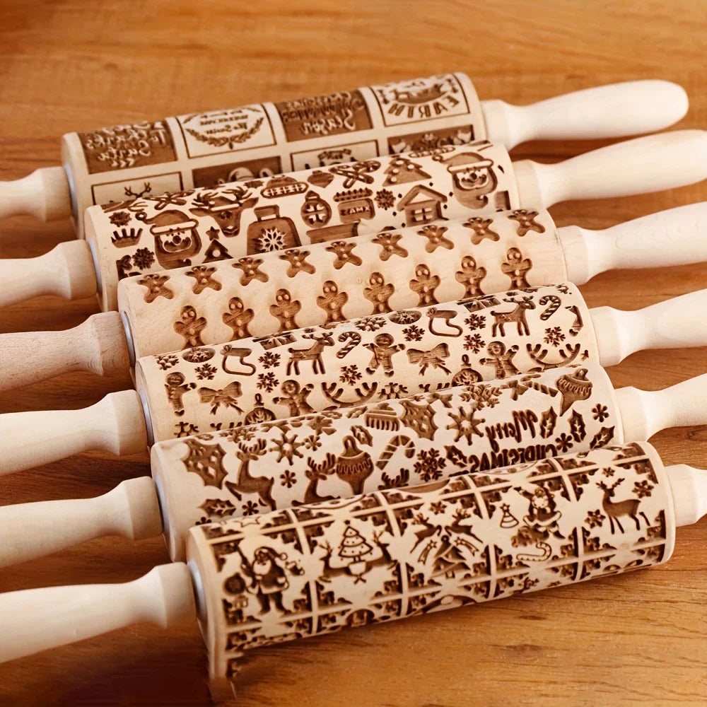 Rouleau à pâtisserie en bois avec motifs gravés de Noël - Outil de décoration pour biscuits