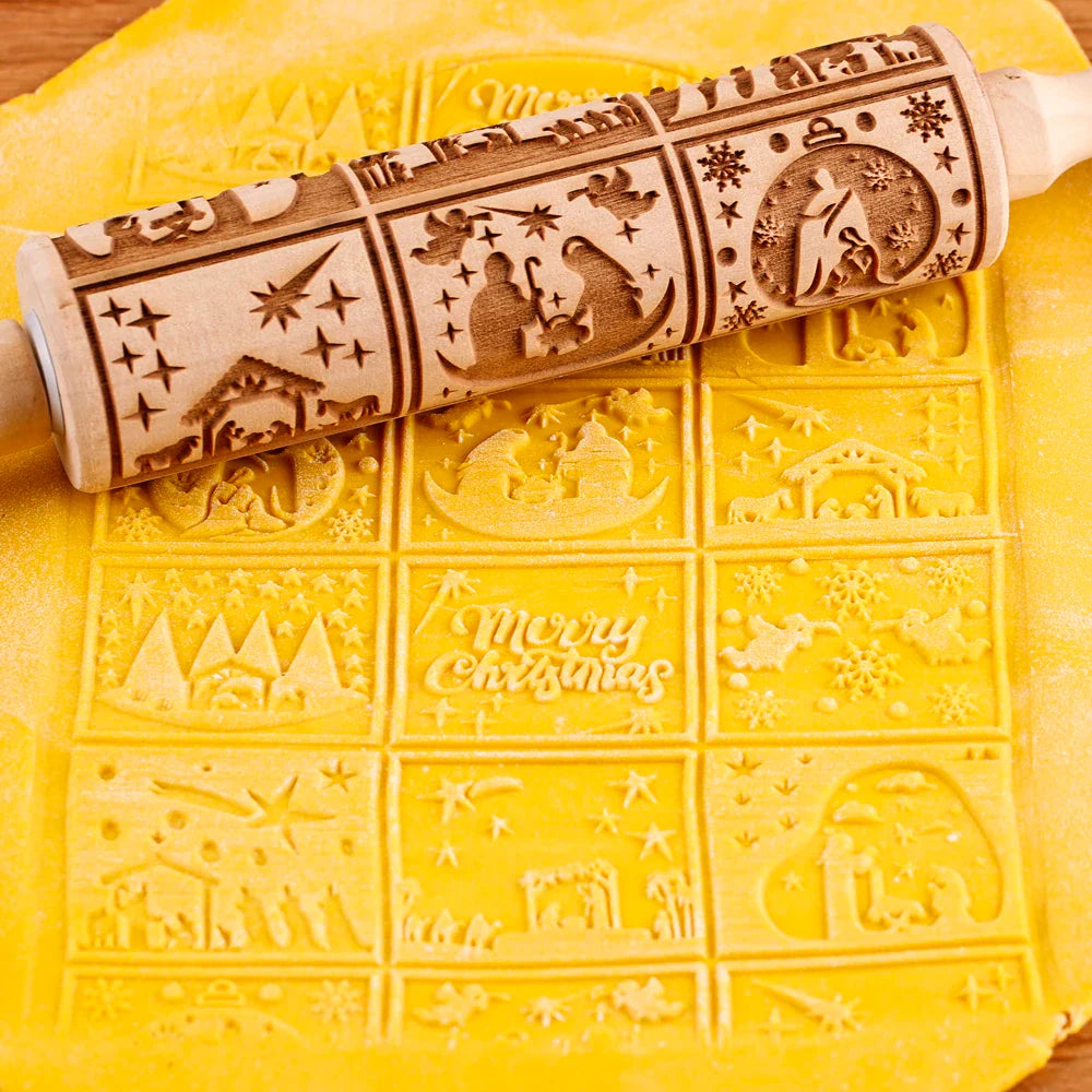 Rouleau à pâtisserie en bois avec motifs gravés de Noël - Outil de décoration pour biscuits