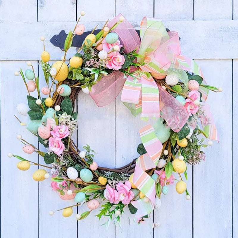Couronne d'œufs de Pâques avec nœud papillon, 5 styles, guirlande décorative en résine blanche, décor mural et ornement de porte, diamètre 45 cm