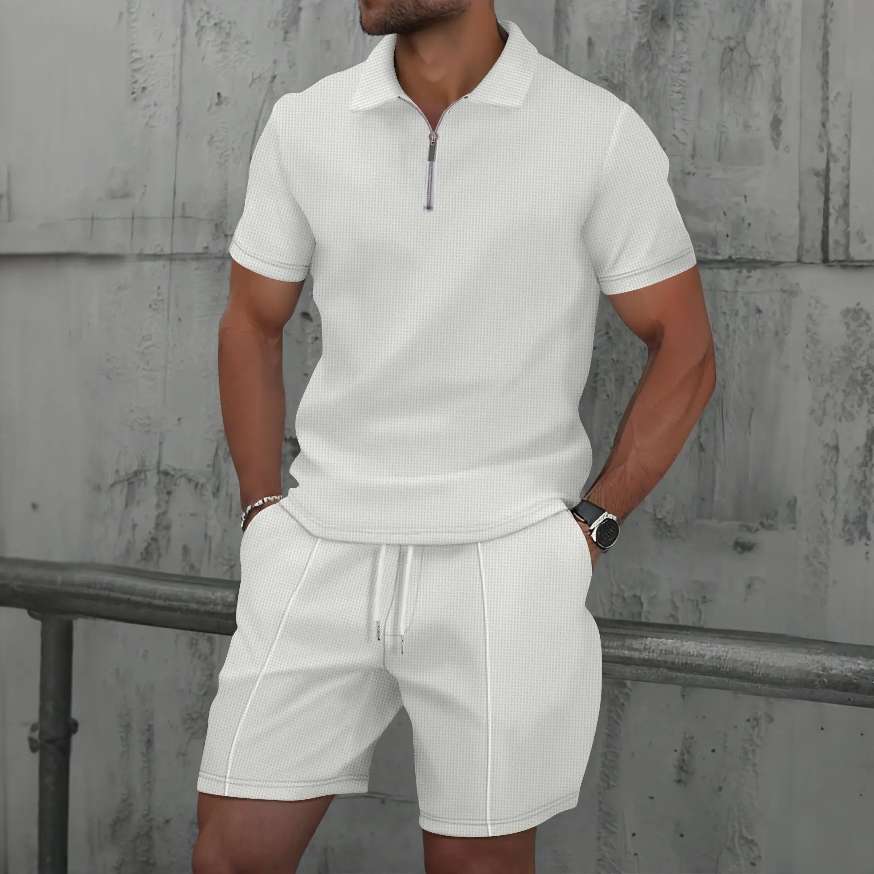 Ensemble d'été pour homme avec polo à col zippé et shorts confortables