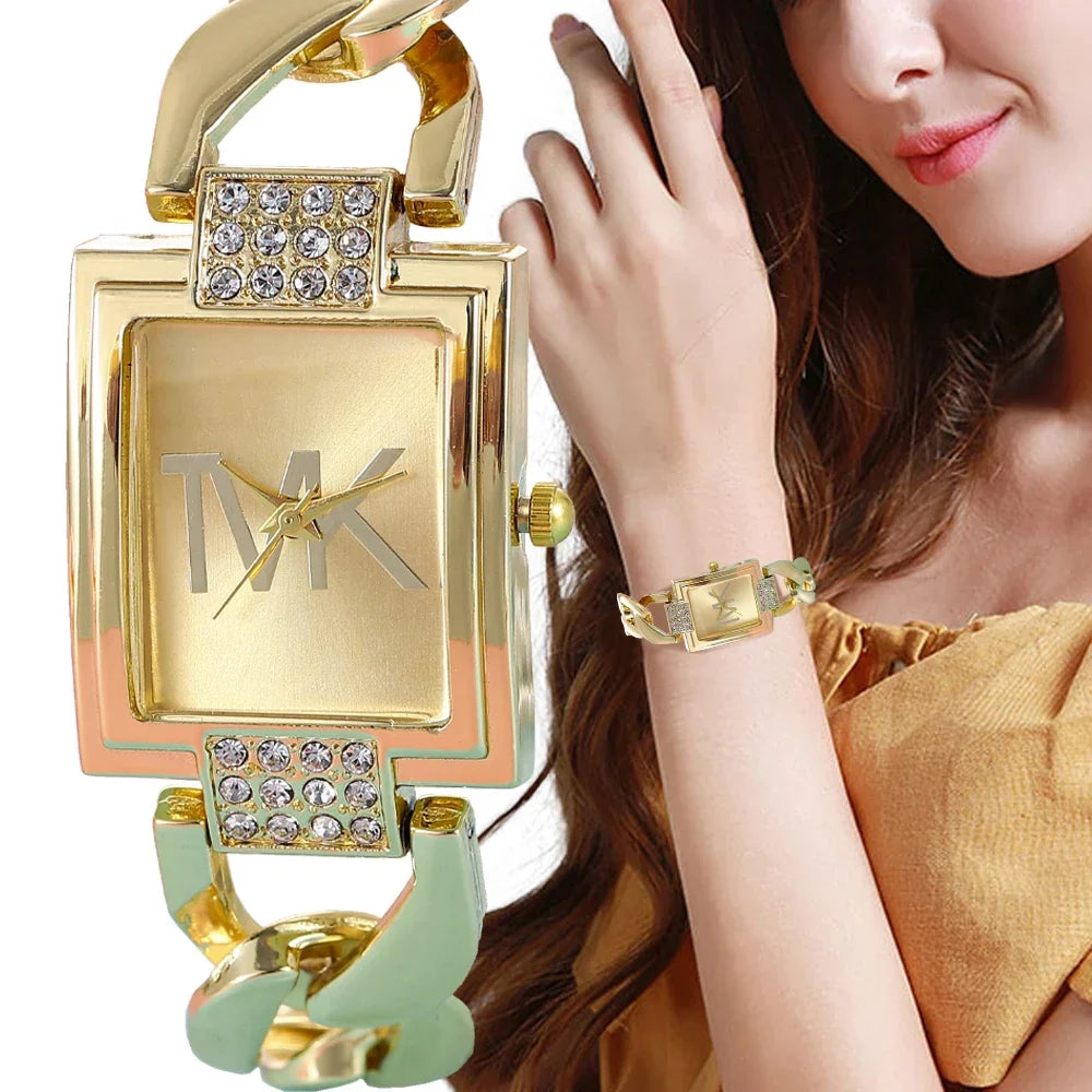 Montre pour femme, cadran carré doré, bracelet en alliage élégant avec accents de cristal, cadeau été 2026