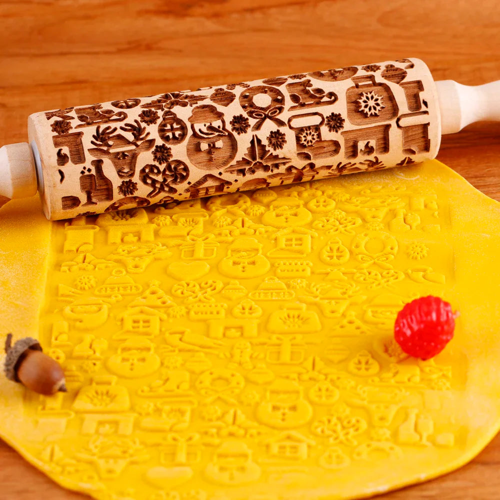 Rouleau à pâtisserie en bois avec motifs gravés de Noël - Outil de décoration pour biscuits