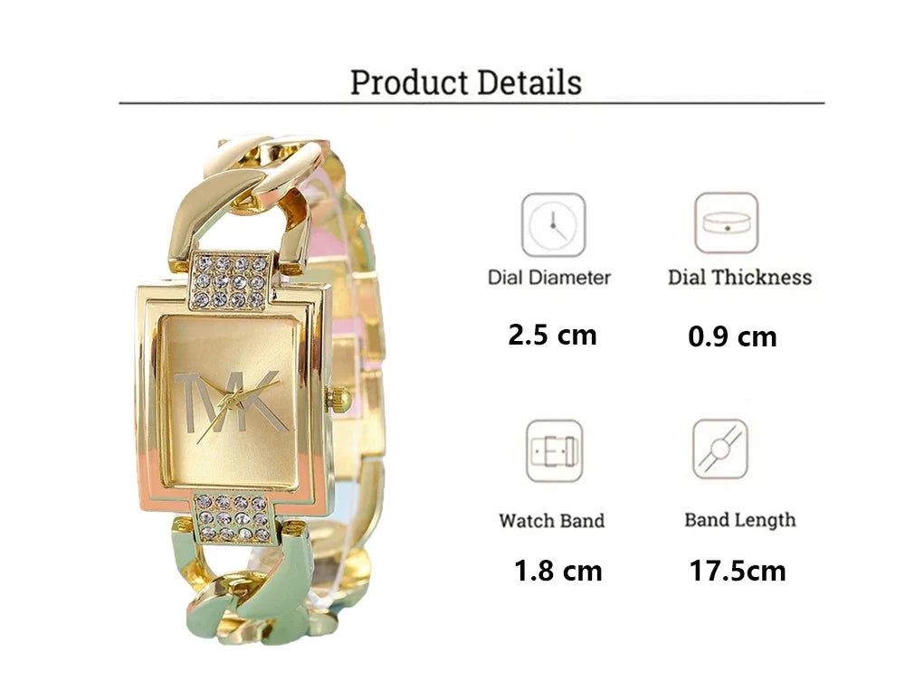 Montre pour femme, cadran carré doré, bracelet en alliage élégant avec accents de cristal, cadeau été 2026