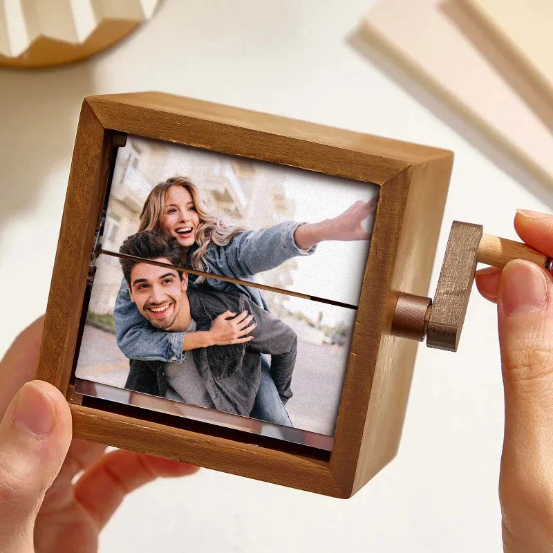 Cadre photo flipbook en bois | Boîte d'affichage de mémoire à manivelle