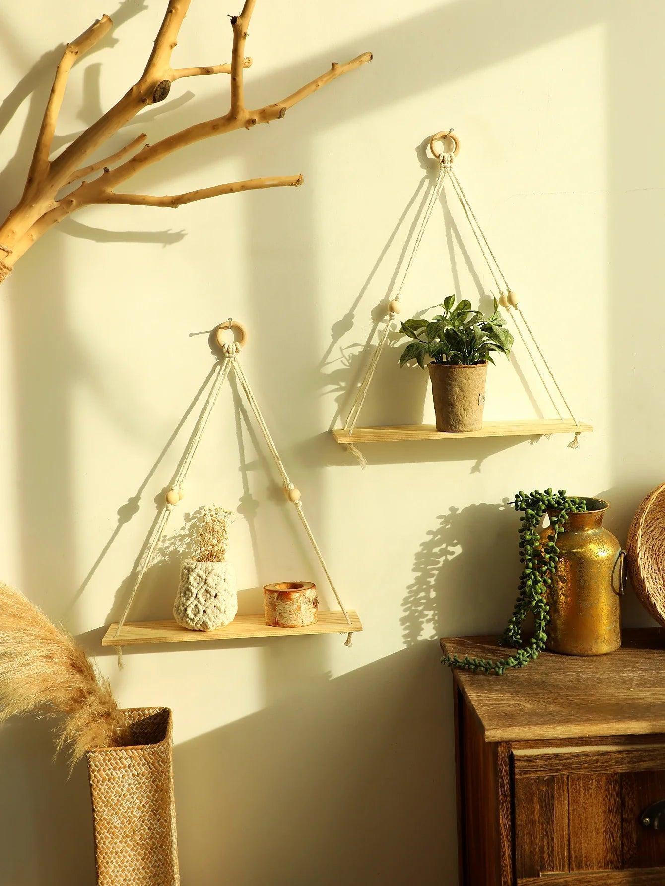 Étagère murale en macramé et bois naturel, présentoir suspendu bohème — étagère flottante 50 cm pour plantes, livres et déco