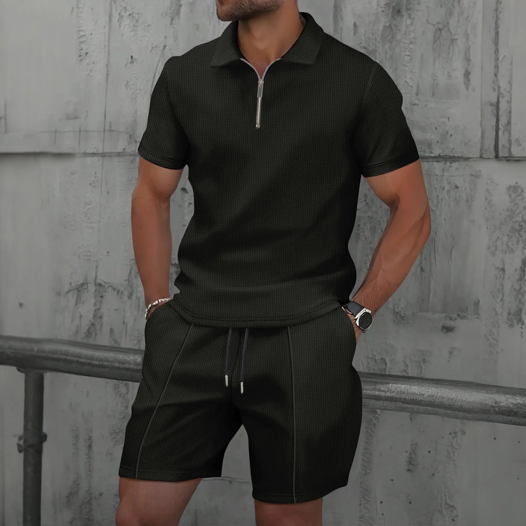 Ensemble d'été pour homme avec polo à col zippé et shorts confortables