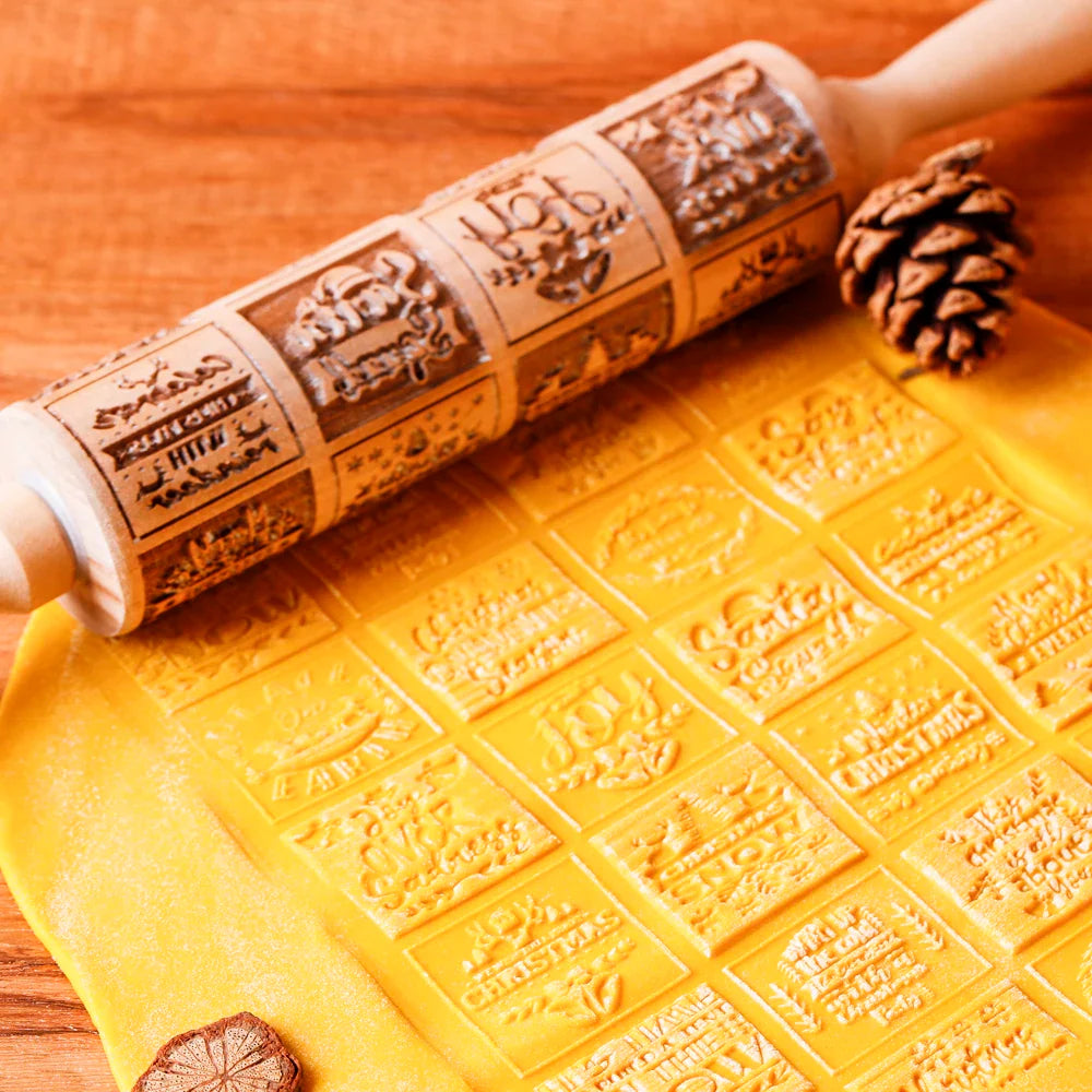 Rouleau à pâtisserie en bois avec motifs gravés de Noël - Outil de décoration pour biscuits