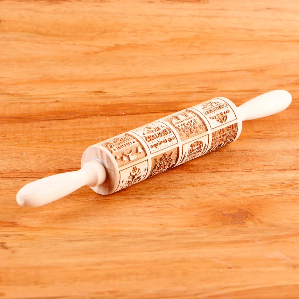 Rouleau à pâtisserie en bois avec motifs gravés de Noël - Outil de décoration pour biscuits