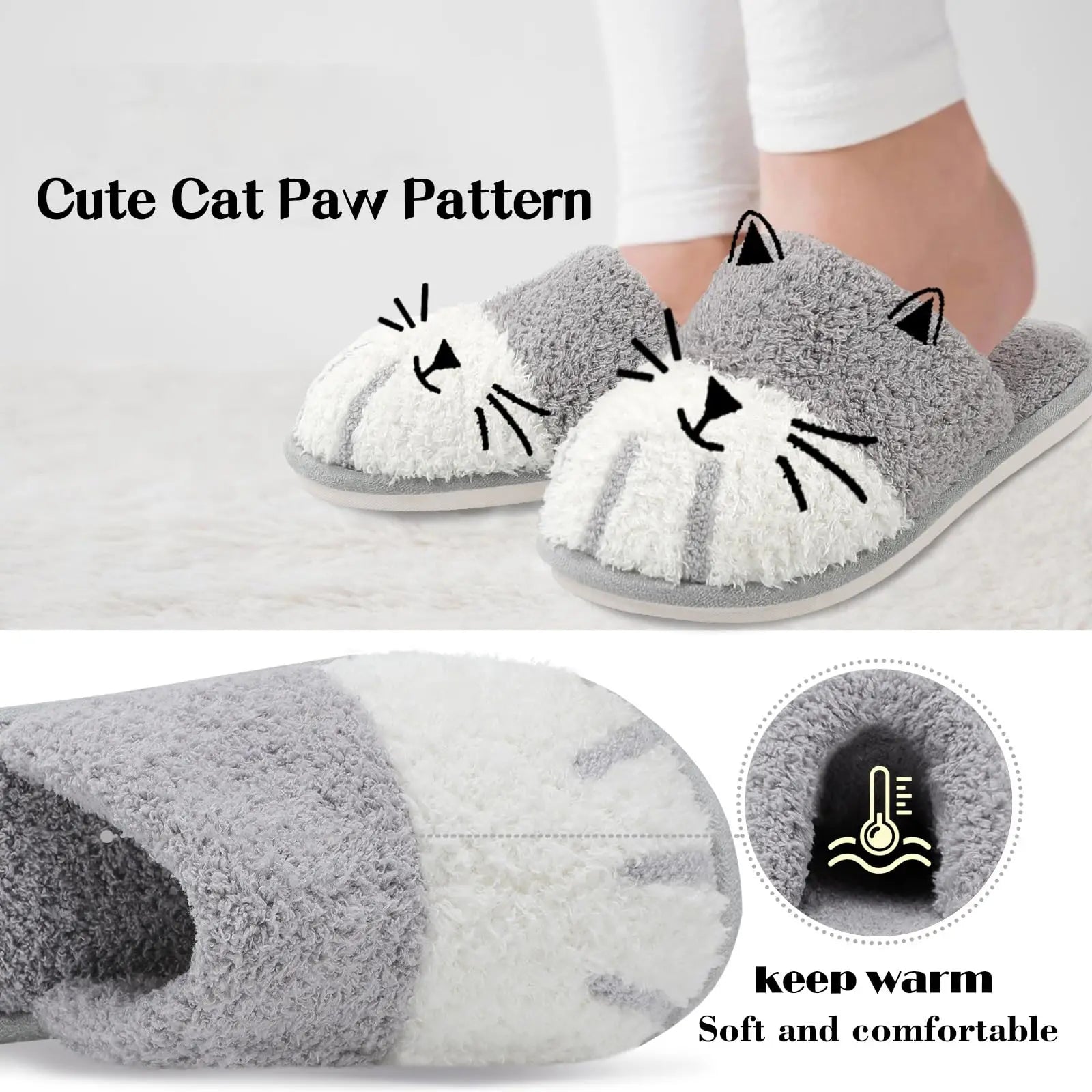 Pantoufles douces et confortables pour femmes - motif patte de chat, semelle intérieure en mousse à mémoire de forme, détente intérieure en hiver
