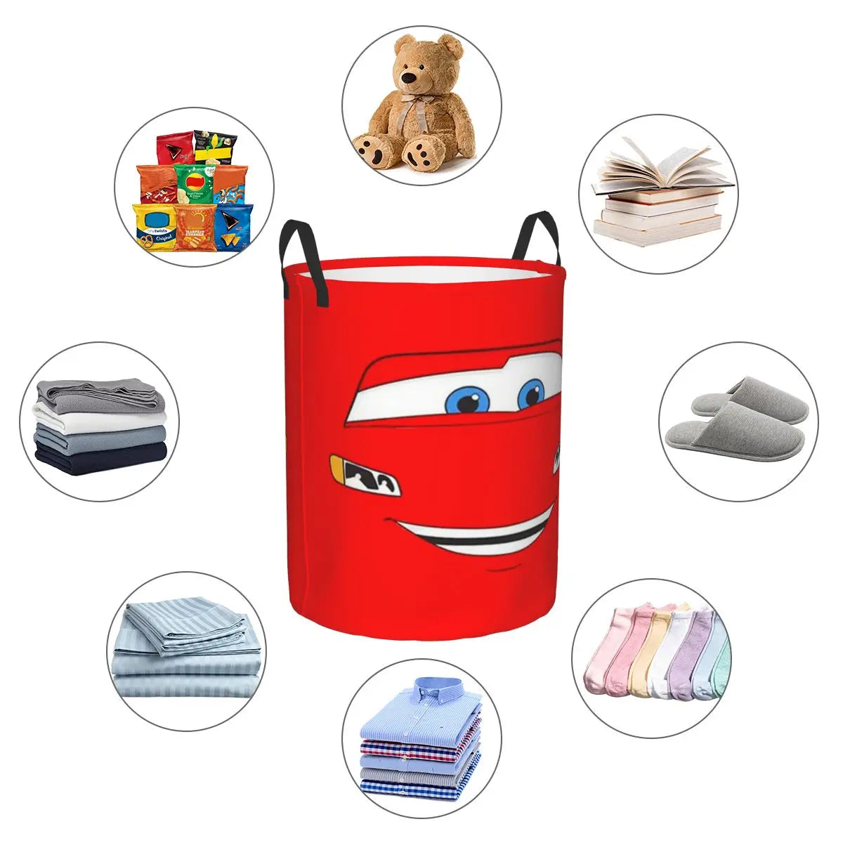 Panier à linge pliable Cars Lightning McQueen pour enfants, grande capacité en polyester avec poignées (S 34x42 cm, M 40x50 cm)