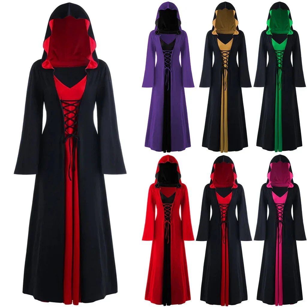 Robe cape de sorcière médiévale à capuche à lacets pour femme - Costume d'Halloween parfait pour les événements à thème