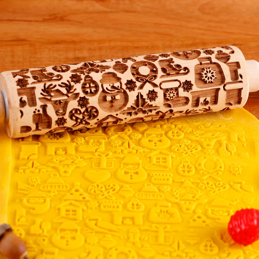 Rouleau à pâtisserie en bois avec motifs gravés de Noël - Outil de décoration pour biscuits